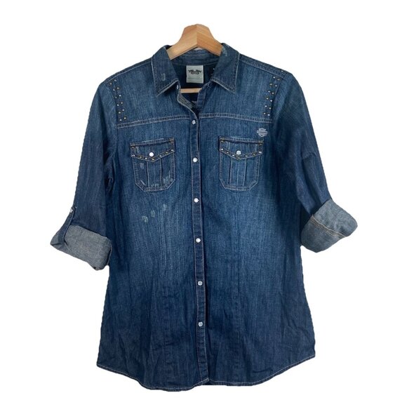 Harley Davidson Womens Embroidered Pearl Snap Button Beaded Denim Shirt Sz Small - Picture 1 of 12